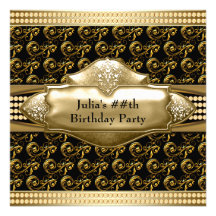 Womans Black Gold Birthday Party Invitations
