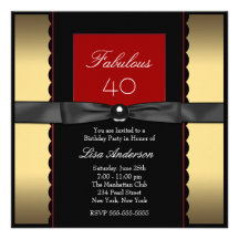 Womans Gold Black Red Classy 40th Birthday Party Custom Invitation
