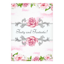 Womans Pink Rose Pink Flowers 40th Birthday Party Announcements