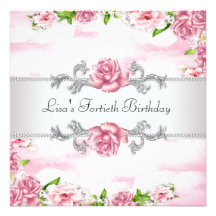 Womans Pink Rose Pink Flowers 40th Birthday Party Personalized Announcements