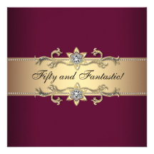 Womans Red Wine Gold 50th Birthday Party Invitations