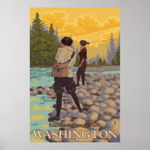Women Fly Fishing - Rainier National Park - Poster