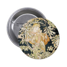 Women with Daisies Art Nouveau Pinback Button