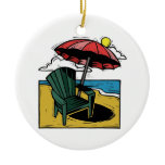 Woodcut Beach Scene with Chair & Umbrella Christmas Tree Ornaments