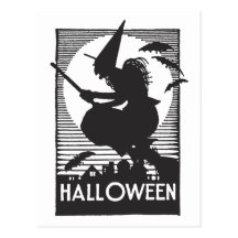 Woodcut Halloween Witch Postcards