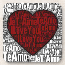 Word Art: "I Love You" 3 languages - Red Heart Beverage Coasters