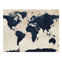 World Map Distressed Navy Postcards