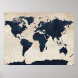 World Map Distressed Navy Print