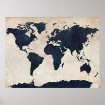 World Map Distressed Navy Print