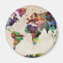 World Map Urban Watercolor Fridge Magnets
