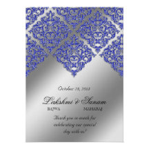 Xmas Damask Invite Photo Card Silver Blue Sparkle