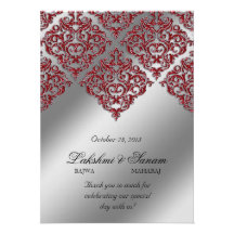 Xmas Damask Invite Photo Card Silver Red Sparkle