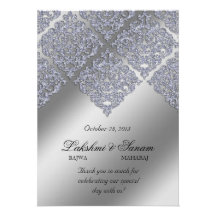 Xmas Damask Invite Photo Card Silver Sparkle