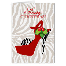 Xmas High Heel Shoe Zebra Red Greeting Card