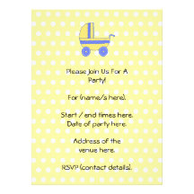Yellow and Blue Baby Stroller. Custom Invitations
