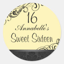 Yellow & Black Chic Damask Sweet16 Sticker
