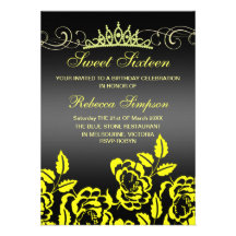 Yellow & Black Rose & Tiara Birthday Invitation