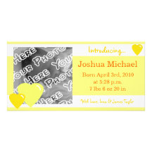 Yellow Candy Hearts Birth Announcement Customised Photo Card