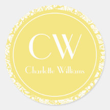 Yellow Damask Monogram Round Sticker