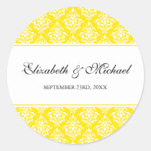 Yellow Damask Round Wedding Favour Label Stickers