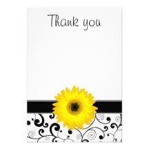 Yellow Gerbera Daisy Black Scroll Flat Thank You Custom Invites