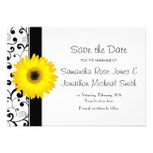 Yellow Gerbera Daisy Black Scroll Save the Date Cards
