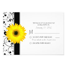 Yellow Gerbera Daisy with Black Scroll Design RSVP Announcement