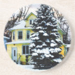 Yellow House in Snow Drink Coaster