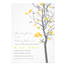 Yellow Love Birds in Tree with Grey Leaves Personalized Announcement