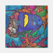 Yellowbar Angelfish Coral Reef Art "Stained Glass" Fridge Magnets