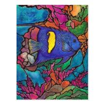 Yellowbar Angelfish Coral Reef Art "Stained Glass" Post Cards