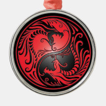 Yin Yang Dragons, red and black Ornaments