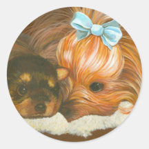 Yorkie Mama with Puppy Round Stickers