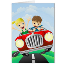 Young man and woman in car cards