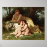 Young Woman Contemplating Two Embracing Children Print