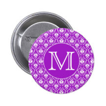 Your Letter. Purple and White Damask Pattern. Button