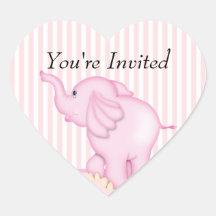 You're Invited Pink Elephant Baby Shower Heart Stickers