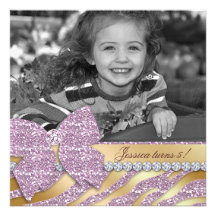 Zebra Birthday Invitation Pink Gold Jewellery Bow
