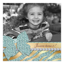 Zebra Birthday Invitation Teal Gold Jewellery Bow