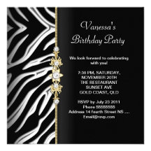 Zebra Birthday Party Gold Black White Floral Personalised Invite
