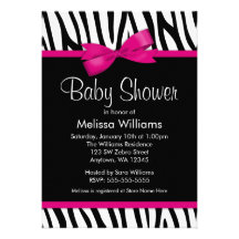 Zebra Hot Pink Printed Bow Baby Shower Invites