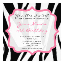 Zebra & Pink Birthday Party Personalised Invitations