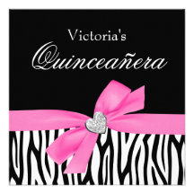 Zebra Pink Bow Diamond Quinceanera Invitations