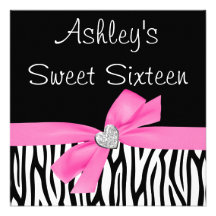 Zebra Pink Bow Diamond Sweet 16 Invitations