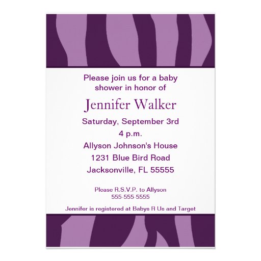 Zebra Print Baby Shower - Purple Custom Invitations