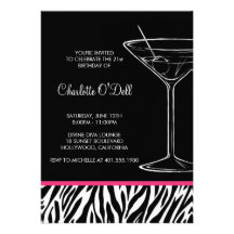 zebra print martini birthday party custom invite