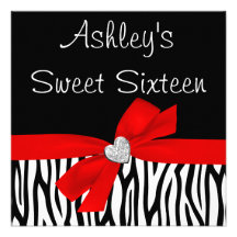 Zebra Red Bow Diamond Sweet 16 Invitations