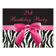 Zebra Stripes & Hot Pink Printed Bow 21st Birthday Invite