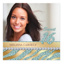 Zebra Sweet 16 Party Invite Teal Gold Jewellery
