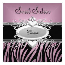 Zebra Sweet Sixteen 16 Party Silver Pink Black Personalised Invitation